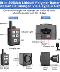 Dimensions and features of Outdoor Perimeter Alarm System For Camping And Hiking, including receiver and sensor with charging ports.