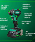 18V MultiVolt Brushless Drill And Impact Driver Combo Kit With 2 Batteries And Charger showing features like LED light and soft grip