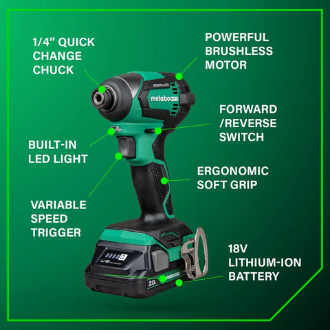 18V MultiVolt Brushless Drill And Impact Driver Combo Kit With 2 Batteries And Charger showing features like LED light and soft grip