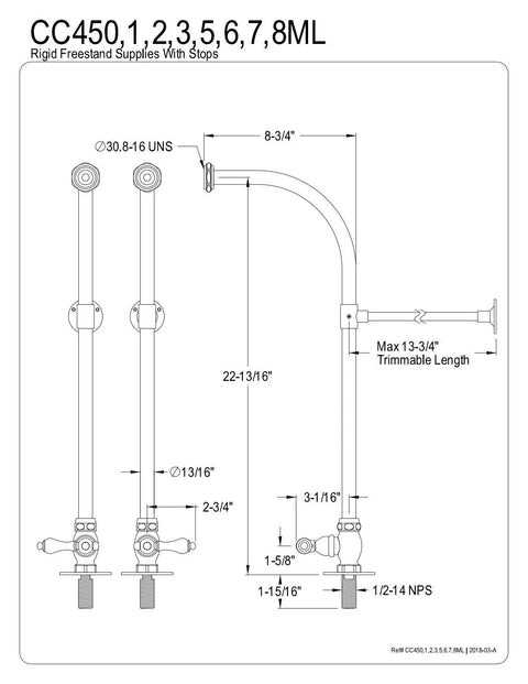 Technical diagram of Old School Vintage Freestanding Water Supply, 23 Inch Polished Chrome, showing dimensions and stop valves.