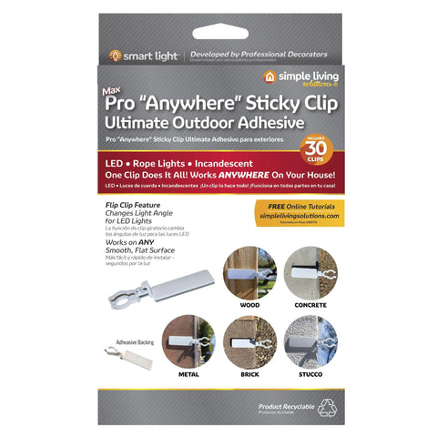 Package of 25 Count Anywhere Outdoor Sticky Adhesive Light Clips for wood, brick, stucco, concrete, metal use, weatherproof.