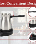 Electric Turkish Coffee Maker Stainless Steel 600ml Pot Warmer Kettle For Home And Travel with black handle and power switch.