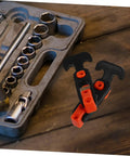 Heavy Duty Car Hood Latch Kit 2 Pack Replacement T Handle Hasp Latches with tools on wooden surface