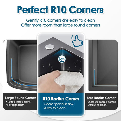 Image showcasing the R10 radius corners of the Drop In Bar Sink For Small Kitchens 20 By 16 Inch Single Bowl 9 Inch Deep 304 Stainless Steel Black Wet Bar Prep Sink With Top Mount Two Holes For Faucet And Drain Assembly.