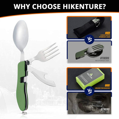 4 In 1 Camping Utensil Set With Detachable Fork Spoon Knife And Bottle Opener For Hiking And Backpacking in Army Green, packaging comparison.