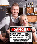 Danger Lock Out Warning Metal Sign 8x12 Inch Aluminum For Industrial Workshop Construction Site And Factory Equipment Areas A Durable Weatherproof Safety Reminder For Maintenance Crews held by two people in a cafe.