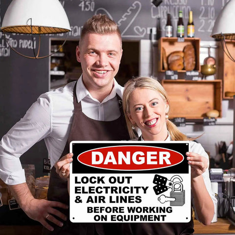 Danger Lock Out Warning Metal Sign 8x12 Inch Aluminum For Industrial Workshop Construction Site And Factory Equipment Areas A Durable Weatherproof Safety Reminder For Maintenance Crews held by two people in a cafe.