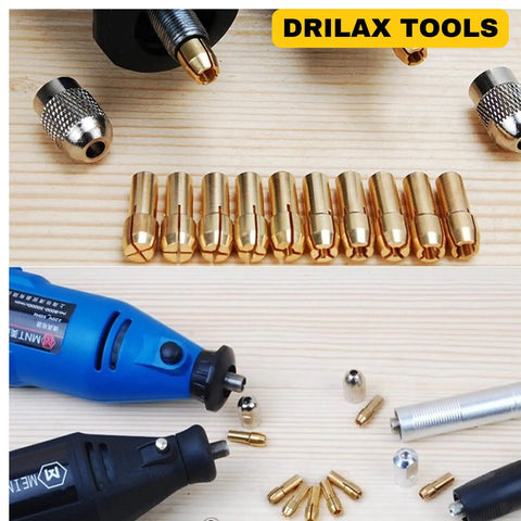 10 Piece Brass Collet Set For Dremel Rotary Tools Fits 0.5mm To 3.2mm Bits And 1/8 Inch Shank on wooden surface.