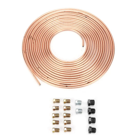 Coiled 25ft Copper Plated Brake Line Tubing 3 16 Inch OD With Fittings For Cars And Trucks, gold finish, fittings shown below