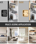 Pocket Door Lock Hardware Set With Privacy Handle And Hidden Pull Recessed Latch for 1.77 to 2 Inch Thick Wooden Doors, Square Black Finish, shown in bedroom, living room, bathroom, and kitchen