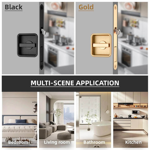 Pocket Door Lock Hardware Set With Privacy Handle And Hidden Pull Recessed Latch for 1.77 to 2 Inch Thick Wooden Doors, Square Black Finish, shown in bedroom, living room, bathroom, and kitchen