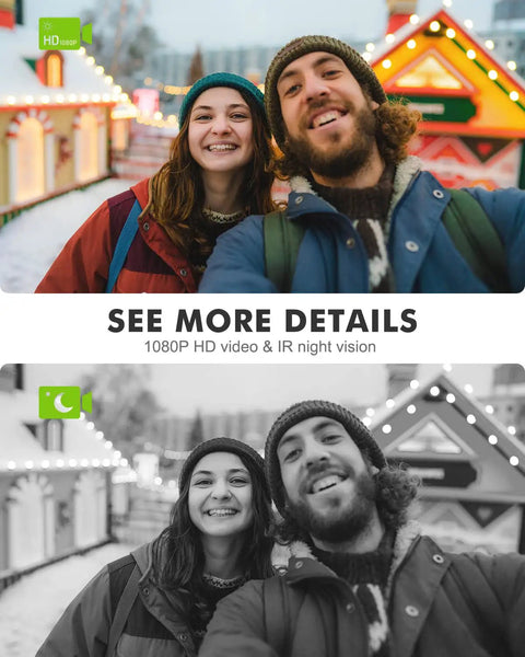 Two people smiling outdoors in front of festive lights, showcasing Wireless Doorbell Camera With Chime No Monthly Fees And 1080HD Video
