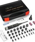 Green Laser Bore Sight Kit With Button Switch And 32 Adapters For Calibers From 0.17 HMR To 12 GA shown in carry case with tools