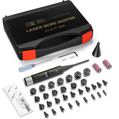 Green Laser Bore Sight Kit With Button Switch And 32 Adapters For Calibers From 0.17 HMR To 12 GA shown in carry case with tools