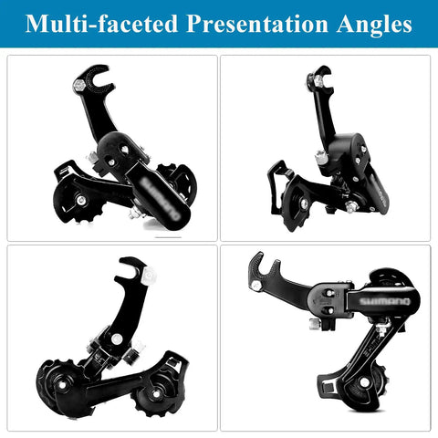 Multi-angle view of 6/7 Speed Rear Derailleur With Hanger Mount For Mountain Bikes, aluminum alloy body, side and front angles