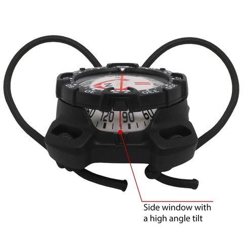 Side view of the Bungee Mount Scuba Dive Compass With Glow In The Dark Face For Night Dives And Low Vis Conditions, showing side window.