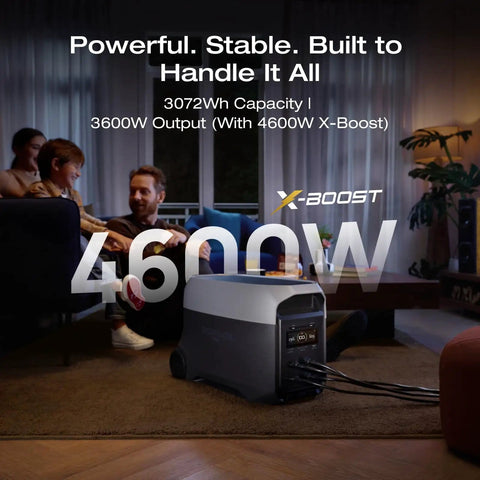 Delta 3 Ultra Portable Power Station With Solar Panel And 3072Wh LiFePO4 Battery in a living room setting with family.