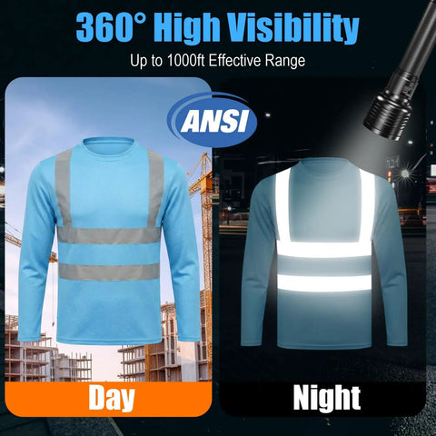 Heavy Duty Class Three High Visibility Long Sleeve Safety Shirt Loaded With Ansi Certified Reflective Tape Built Hella Tough For Your Daily Job Site Grind, shown in day and night visibility.