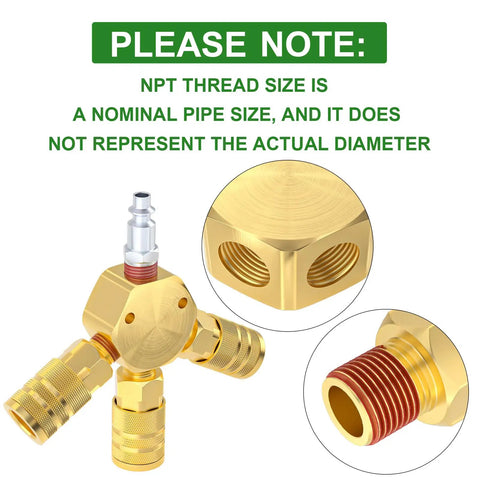Three-Way 1/4 Inch NPT Hex Style Air Manifold With Brass Couplers And Plugs, Quick Connect Air Splitter Kit for Compressors and Hoses.