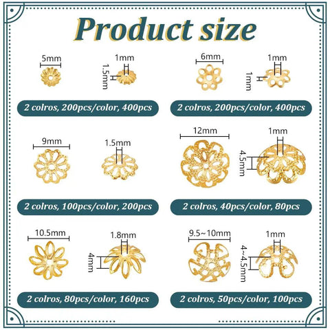Two Tone Flower Bead End Caps Set With 1260 Pcs Iron Filigree Bead Caps Gold Spacer Beads for Jewelry Making product size chart