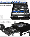 Police Gear Stand With Gun Storage, Heavy Duty Metal Rack with safe compartments displaying gear on USA flag background.