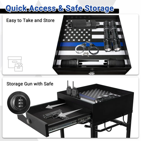 Police Gear Stand With Gun Storage, Heavy Duty Metal Rack with safe compartments displaying gear on USA flag background.