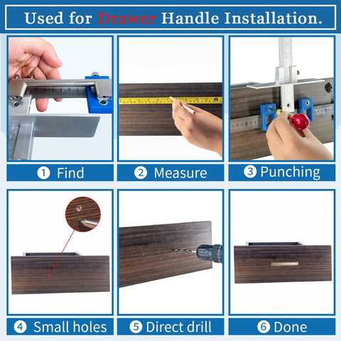 Steps for using Precision Cabinet Hardware Installation Jig With Automatic Center Punch And Spot Drill Bits For Nail It Every Time Drawer Knob Mounting.