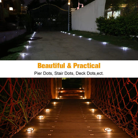 12 Pack Solar Deck Lights Dual Color White And Warm White illuminating driveway and pathway at night, IP67 waterproof