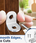 Top Shelf Stainless Steel L Brackets Corner Braces Heavy Duty Metal Reinforcement Set With Forty Pieces And Screws Built Tough, showing smooth-edged corner brace on wood.