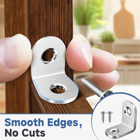 Top Shelf Stainless Steel L Brackets Corner Braces Heavy Duty Metal Reinforcement Set With Forty Pieces And Screws Built Tough, showing smooth-edged corner brace on wood.