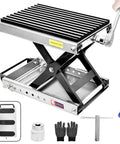 Motorcycle jack; 1500-lb scissor lift with thick rubber pad, steel frame, carrying handle