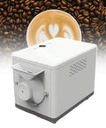 Straight Up Quality 1600 Watt Drum Coffee Roaster Featuring Independent Thermostat Dials And Smooth Automatic Turning Wheels For Fresh Bold Beans Crafted Easy In Your Kitchen, with coffee design backdrop.