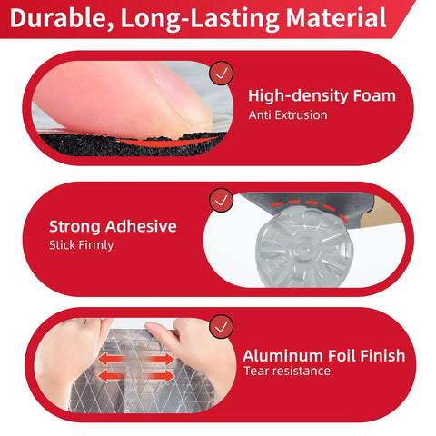 Pro Grade Auto Sound Deadening Mat With 3 Layer Thermal Foil Foam Insulation For Cabin Noise Reduction Heat Blocking showing high-density foam, strong adhesive, and aluminum foil finish.