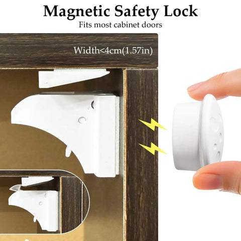 10 Pack Magnetic Baby Safety Cabinet Locks for cabinets and drawers, showing lock installation on dark wood surface