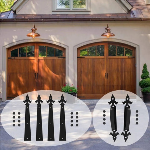 Heavy Duty Decorative Garage Door Hardware Kit With Durable Handle Hinges for barn style doors shown on wooden garage doors