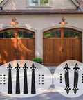 Six Piece Set Garage Door Handle Hinges And Decorative Hardware Kit For Barn Doors Built Tough With Heavy Duty Steel Displayed on Entrance