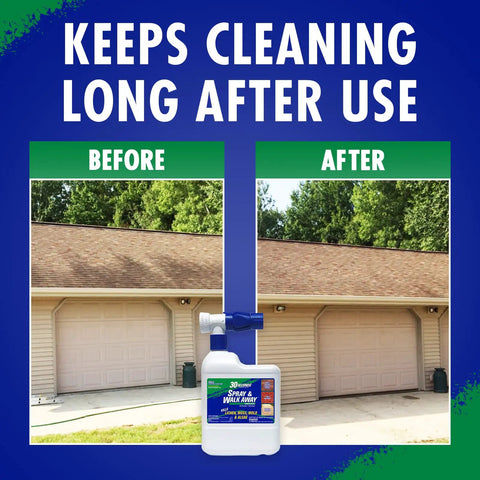 Before and after using Spray And Walk Away Hose End Sprayer Kit 64 Ounce Three Pack Outdoor Surface Cleaner For Lichen Moss And Algae No Pressure Washing Needed Easy DIY Exterior Restoration Safe On Concrete Wood And Stone showing roof cleaning results, bottle in foreground.