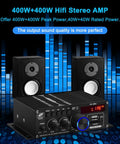 Beefy 400W And 400W Peak HiFi Stereo Amplifier With 40W RMS Per Channel, Bluetooth 5.0, shown with speakers and digital display screen.