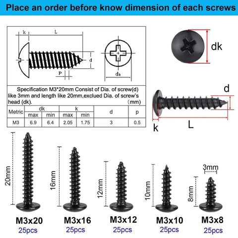M3 Screw Kit with Slick Black Oxide Finish showing dimensions of 8mm, 10mm, 12mm, 16mm, and 20mm truss head screws.