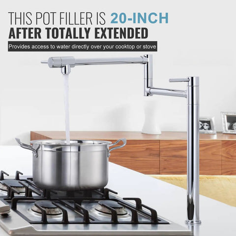 Deck Mounted Pot Filler Faucet With Solid Brass, Double Joint Swing Arm, Polished Chrome Finish, A Modern Kitchen Game Changer