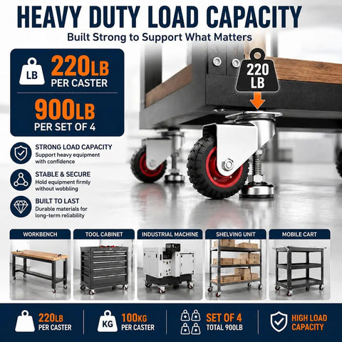 Heavy Duty 3 Inch Leveling Caster Wheels Set Of 4 Rated For 1600 Lbs installed on workbench, showcasing 220 lb load capacity per caster.