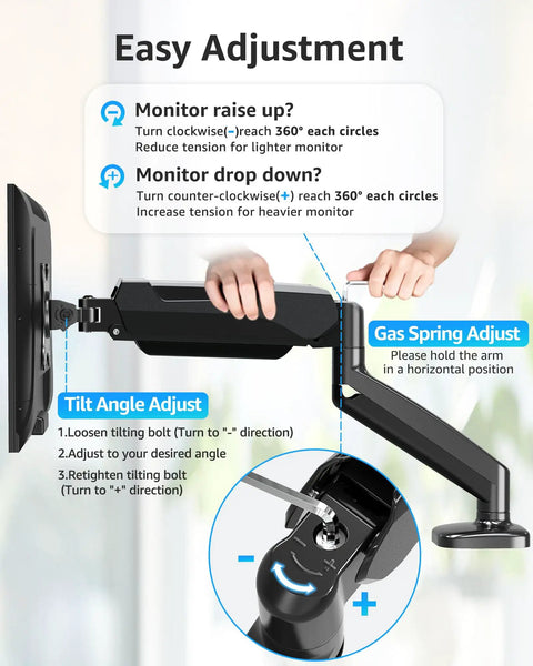 Full Motion Desk Mount For One Monitor Up To 32 Inches, Height Adjustable Arm with gas spring adjust and tilt guide.