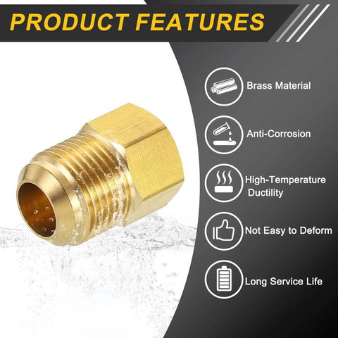 Two Pack Brass Pipe Fitting 5/8 SAE Male And 3/8 SAE Female Flare Tube Adapter features and benefits graphic