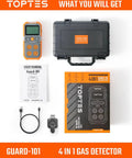 Guard-101 Four Gas Detector with case, manual, cable, and packaging. Bright orange device for H2S CO LEL O2 with alarms.