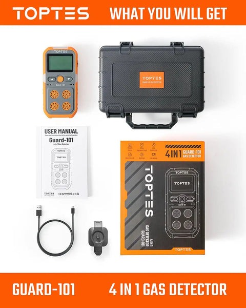 Guard-101 Four Gas Detector with case, manual, cable, and packaging. Bright orange device for H2S CO LEL O2 with alarms.