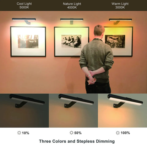 Wireless Picture Light Rechargeable With 4000mAh Battery illuminating artwork in cool, nature, and warm lighting modes.