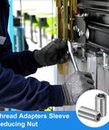 Side view of technician tightening stainless steel thread reducer sleeve on machinery; inset shows metal sleeves.