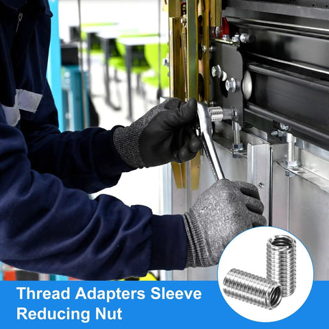 Side view of technician tightening stainless steel thread reducer sleeve on machinery; inset shows metal sleeves.