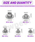 Heavy Gauge Carbon Steel Tee Nut Assortment Kit Including 85 Pieces In Five Core M4 Through M10 Threads, size and quantity details.