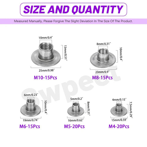 Heavy Gauge Carbon Steel Tee Nut Assortment Kit Including 85 Pieces In Five Core M4 Through M10 Threads, size and quantity details.
